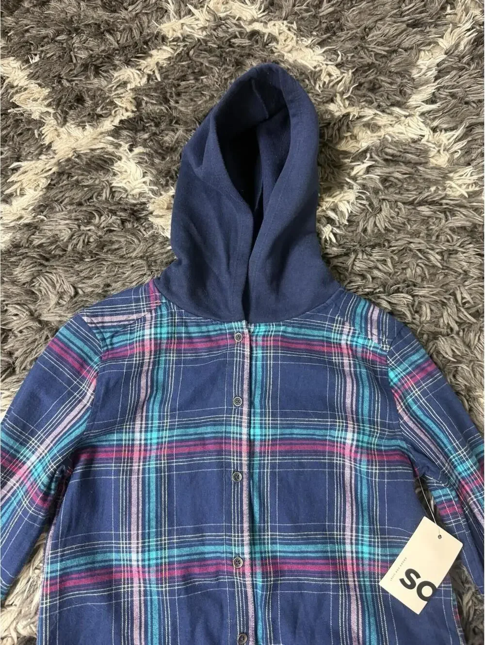 SO Goods For Life Plaid Flannel Shirt Girls Size Small 7 Blue Hooded Button Up